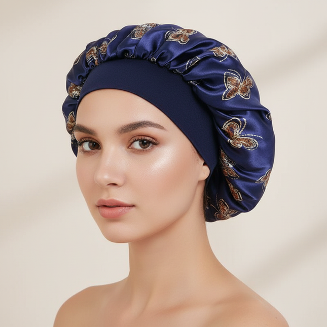 Butterfly Print Satin Sleeping Cap Wide Brim Nightcap Hair Care Turban Chemo Hat for Washing Face Skin-caring Make-up
