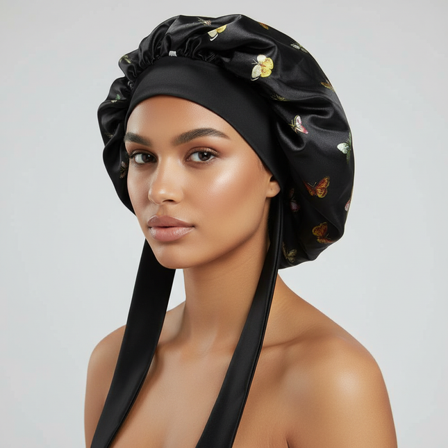 Patterned Satin Silk Sleep Bonnet for Women Long Curly Hair | Adjustable Tie Night Cap Maternity Hair Care Anti-Frizz
