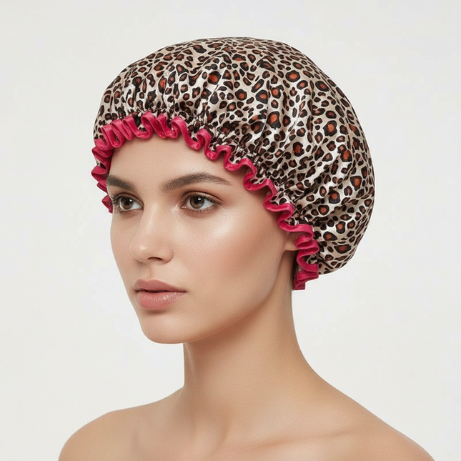 1PC Waterproof Shower Cap Leopard Print Double Layer Elastic Shower Hair Cover Reusable Wave Point Shower Cap Bathroom Supplies