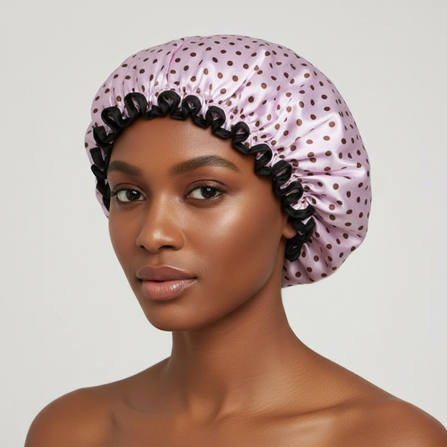 25cm Double Layer Waterproof Bath Hat Satin Cloth Shower Cap Round Dot Shower Hair Cover Women Supplies Hair Salon Bathing Caps