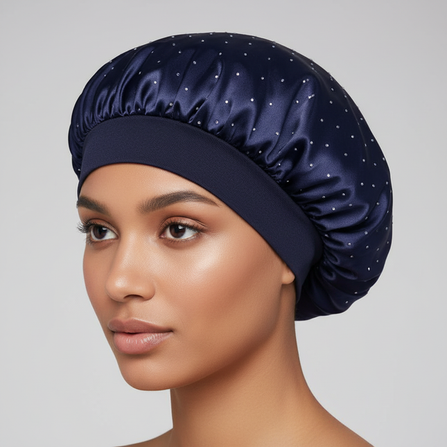 Elegant Wide Band Satin Sleep Hat Soft Adjustable Elasticity Salon Headwrap Rhinestone Decorated Makeup Headband Hair Care