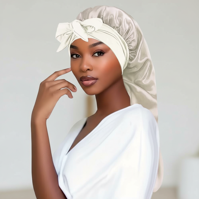 Bowknot Braid Bonnet, Unscented Satin Sleep Cap with Elastic Band and Long Tie for Women - Breathable Night Hair Bonnet