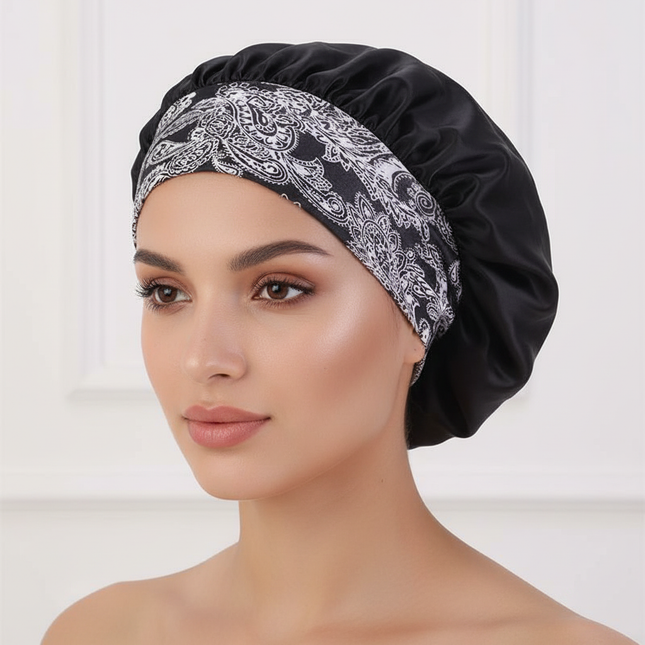 Newest Arrival Women Satin Bonnet Cap Fashion Elastic Wide Band Hair Protect Head Cover Night Sleep Hat Beauty Salon Cover Hair