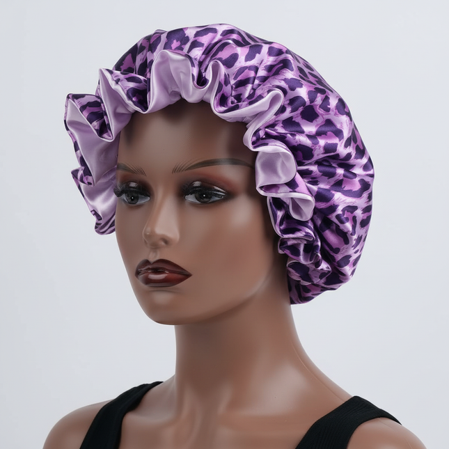 1PC Hair Bonnet Printed Leopard Double Layer Satin Splicing Hair Bonnet For Sleeping For Curly And Straight Hair