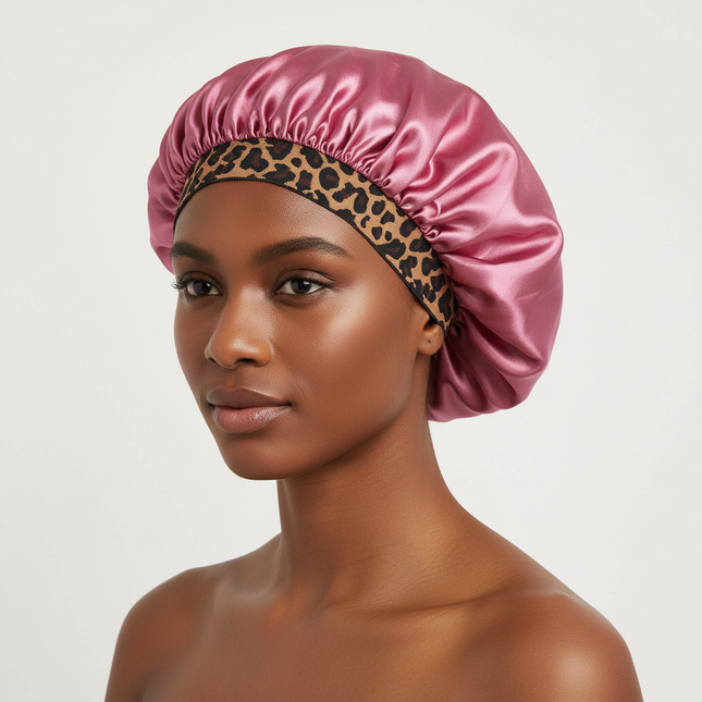 2024 New Fashion Satin Sleeping Hat Night Sleep Hair Care Bonnet Nightcap Popular Leopard Silk Wide-Brimmed Shower Cap