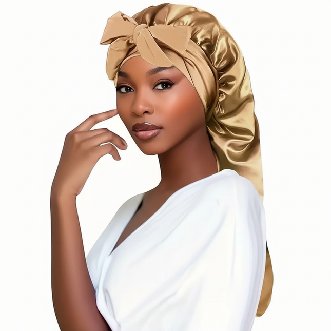 Bowknot Braid Bonnet, Unscented Satin Sleep Cap with Elastic Band and Long Tie for Women - Breathable Night Hair Bonnet