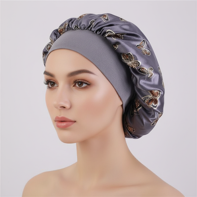 Butterfly Print Satin Sleeping Cap Wide Brim Nightcap Hair Care Turban Chemo Hat for Washing Face Skin-caring Make-up