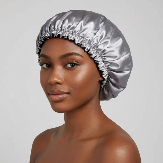 Adjustable Double Layer Satin Bonnet Nightcap Doubleside Women Round Shower Caps Night Sleep Polyester Hat Solid Black Lining