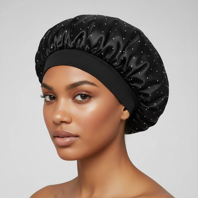 Elegant Wide Band Satin Sleep Hat Soft Adjustable Elasticity Salon Headwrap Rhinestone Decorated Makeup Headband Hair Care