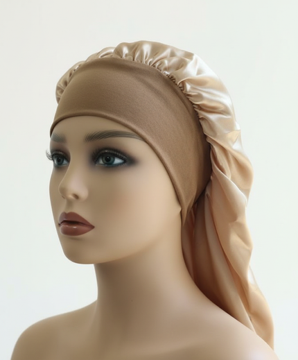 1Pc Simulated Silk Sleeping Hat Curly Hair Oversized Hat Braided Satin Hat Women's Silk Long Barrel Elastic Hairband Hat