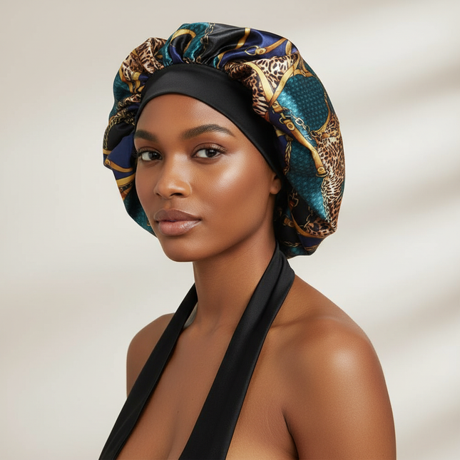 Patterned Satin Silk Sleep Bonnet for Women Long Curly Hair | Adjustable Tie Night Cap Maternity Hair Care Anti-Frizz