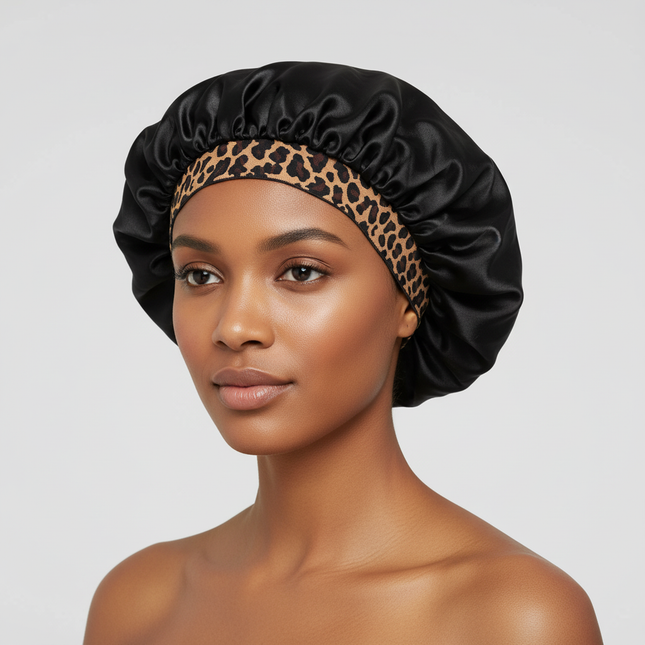 2024 New Fashion Satin Sleeping Hat Night Sleep Hair Care Bonnet Nightcap Popular Leopard Silk Wide-Brimmed Shower Cap
