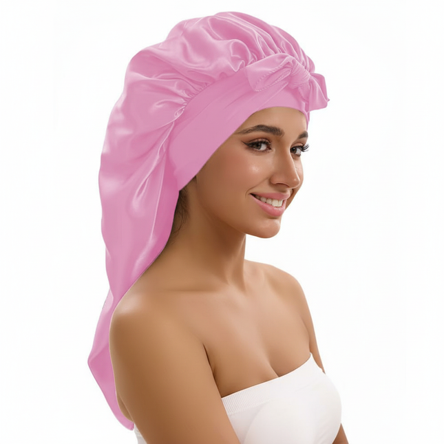 1/2/3pcs Satin Sleep Caps with Ribbon Tie - Black & Pink, Polyester Night Hats for Long Hair, Casual and Stylish Design