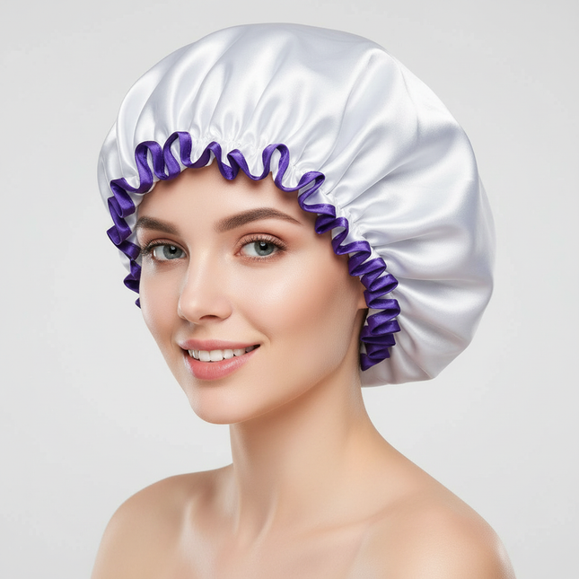 Large Female Shower Cap Solid Color Satin Double Layer Waterproof Bath Cap Peva Hair Baking Oil Cap Care Cap Shower Cap