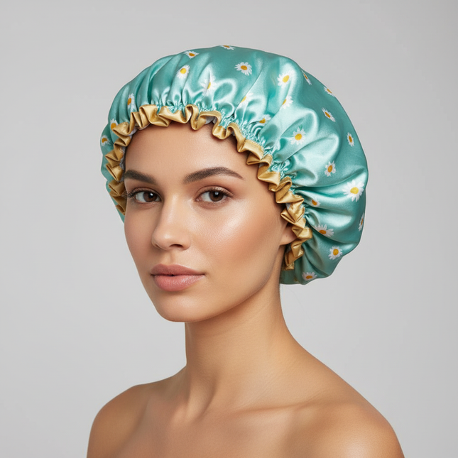 Satin Lined Shower Cap Adjustable Waterproof Bath Hair Bonnet with Silky Fabric for Women Travel