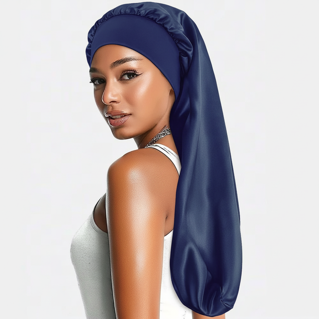 Soft Black Satin Hair Bonnet for Sleep & Shower - Elastic, Comfortable Wrap for Hair Protection and Style Preservation