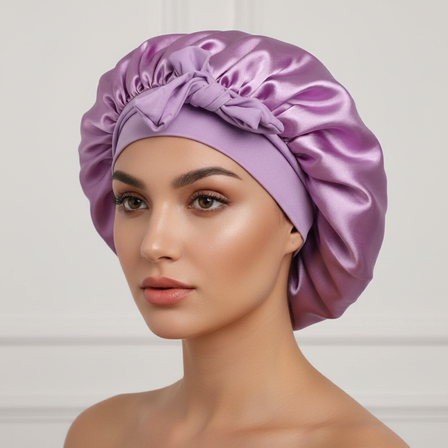 Exquisite Elegant Satin Lined Bonnet Double Layered Ribbon Round Hat Wide Brimmed Bath Hat Black Sleep Cap for Women Curly Hair