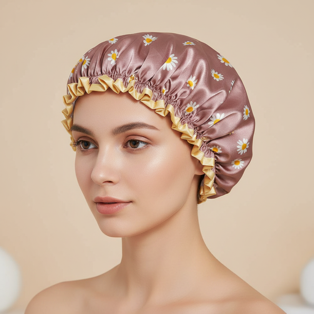 Satin Lined Shower Cap Adjustable Waterproof Bath Hair Bonnet with Silky Fabric for Women Travel