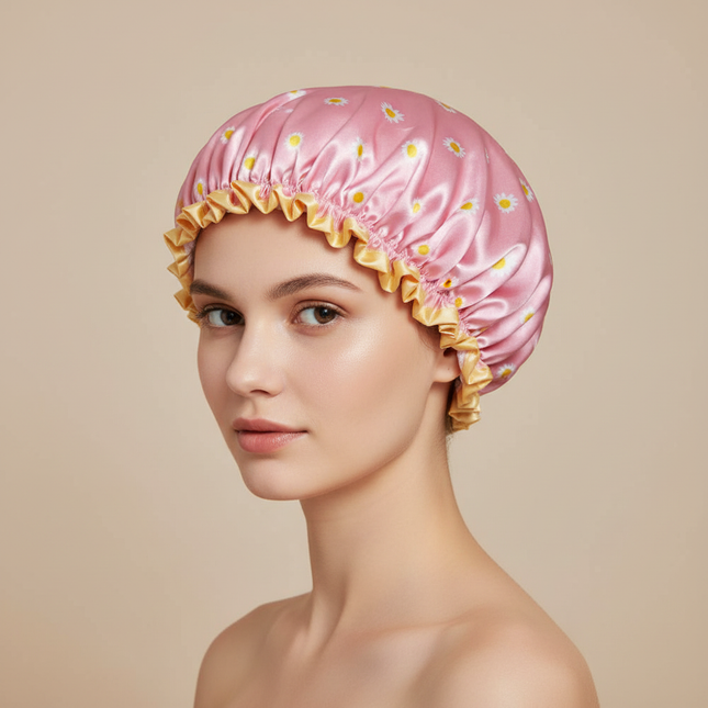 Satin Lined Shower Cap Adjustable Waterproof Bath Hair Bonnet with Silky Fabric for Women Travel