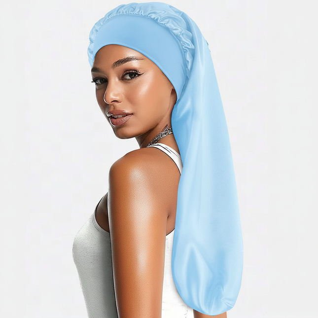 Soft Black Satin Hair Bonnet for Sleep & Shower - Elastic, Comfortable Wrap for Hair Protection and Style Preservation