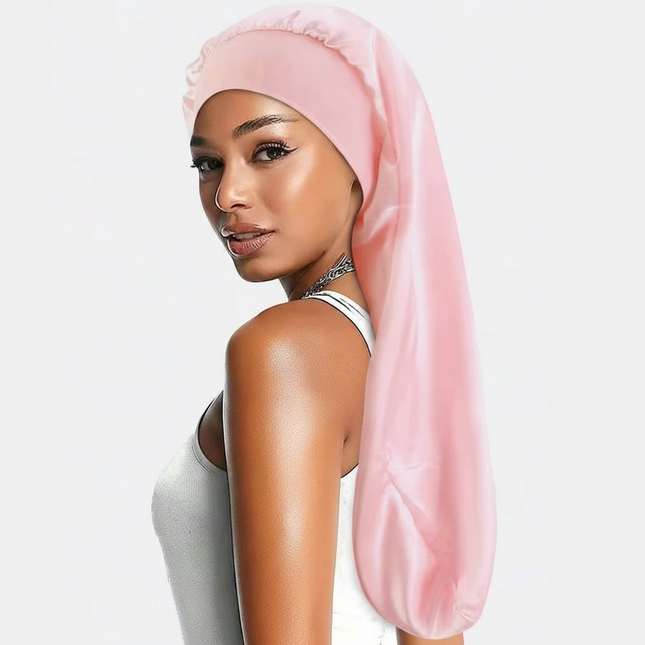 Soft Black Satin Hair Bonnet for Sleep & Shower - Elastic, Comfortable Wrap for Hair Protection and Style Preservation