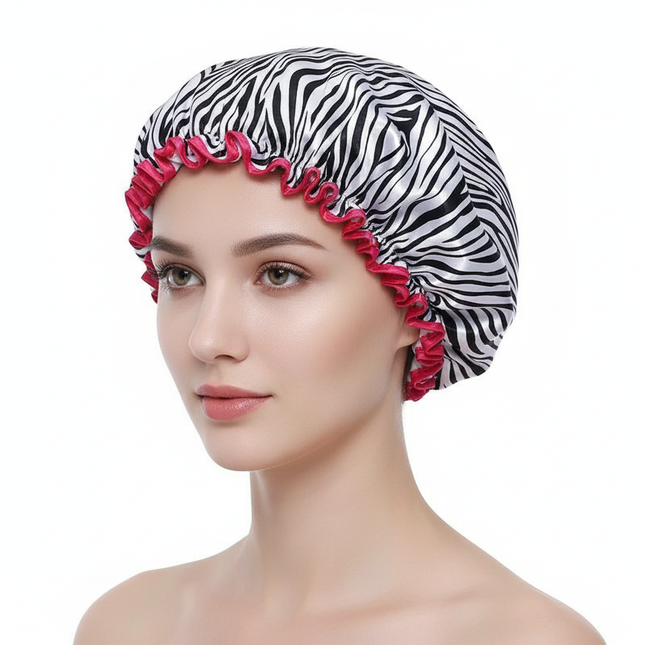 1PC Waterproof Shower Cap Leopard Print Double Layer Elastic Shower Hair Cover Reusable Wave Point Shower Cap Bathroom Supplies