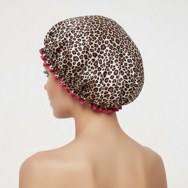 1PC Waterproof Shower Cap Leopard Print Double Layer Elastic Shower Hair Cover Reusable Wave Point Shower Cap Bathroom Supplies - gallery 1