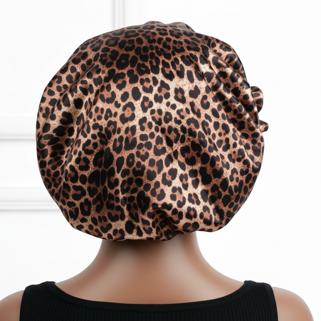 1PC Hair Bonnet Printed Leopard Double Layer Satin Splicing Hair Bonnet For Sleeping For Curly And Straight Hair - gallery 1