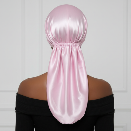 1Pc Simulated Silk Sleeping Hat Curly Hair Oversized Hat Braided Satin Hat Women's Silk Long Barrel Elastic Hairband Hat - gallery 1