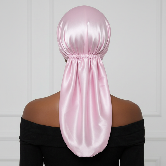 1Pc Simulated Silk Sleeping Hat Curly Hair Oversized Hat Braided Satin Hat Women's Silk Long Barrel Elastic Hairband Hat - gallery 1