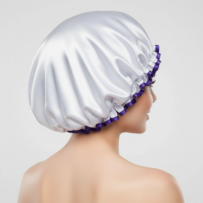Large Female Shower Cap Solid Color Satin Double Layer Waterproof Bath Cap Peva Hair Baking Oil Cap Care Cap Shower Cap - gallery 1