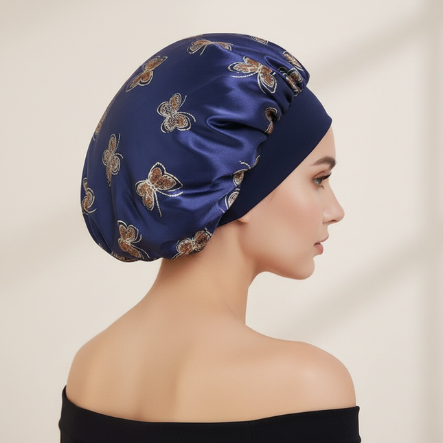 Butterfly Print Satin Sleeping Cap Wide Brim Nightcap Hair Care Turban Chemo Hat for Washing Face Skin-caring Make-up - gallery 1
