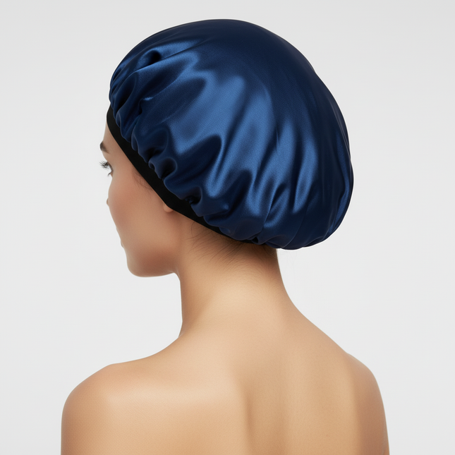 Adjustable Double Layer Satin Bonnet Nightcap Doubleside Women Round Shower Caps Night Sleep Soft Smooth Hat Solid Black Lining - gallery 1