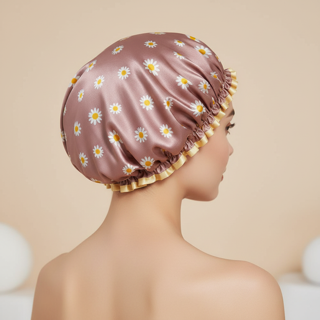 Satin Lined Shower Cap Adjustable Waterproof Bath Hair Bonnet with Silky Fabric for Women Travel - gallery 1
