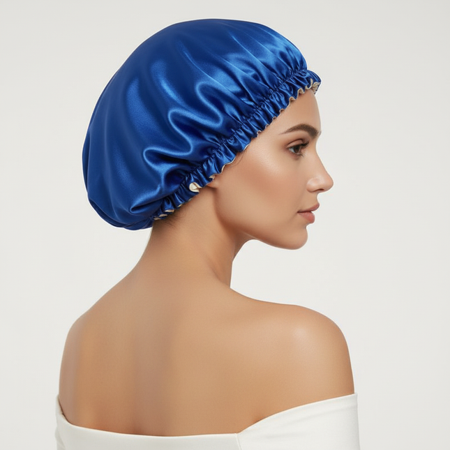 Adjustable Double Layer Satin Bonnet Nightcap Doubleside Women Round Shower Caps Night Sleep Soft Smooth Hat Solid Black Lining - gallery 1