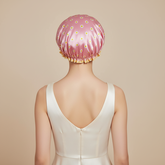 Satin Lined Shower Cap Adjustable Waterproof Bath Hair Bonnet with Silky Fabric for Women Travel - gallery 1