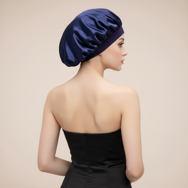 Unisex Imitation Silk Sleeping Hat Black Wine Navy Elastic Narrow Head Satin Bonnet Night Sleeping Shower Cap Hair Styling Tool - gallery 1