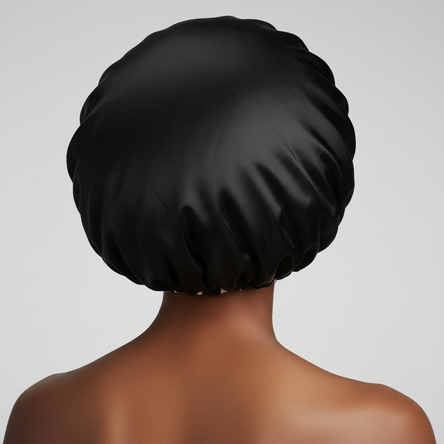 Adjustable Double Layer Satin Bonnet Nightcap Doubleside Women Round Shower Caps Night Sleep Soft Smooth Hat Solid Black Lining - gallery 1