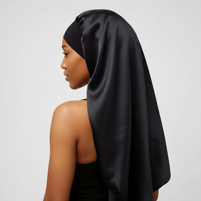 Soft Black Satin Hair Bonnet for Sleep & Shower - Elastic, Comfortable Wrap for Hair Protection and Style Preservation - gallery 1