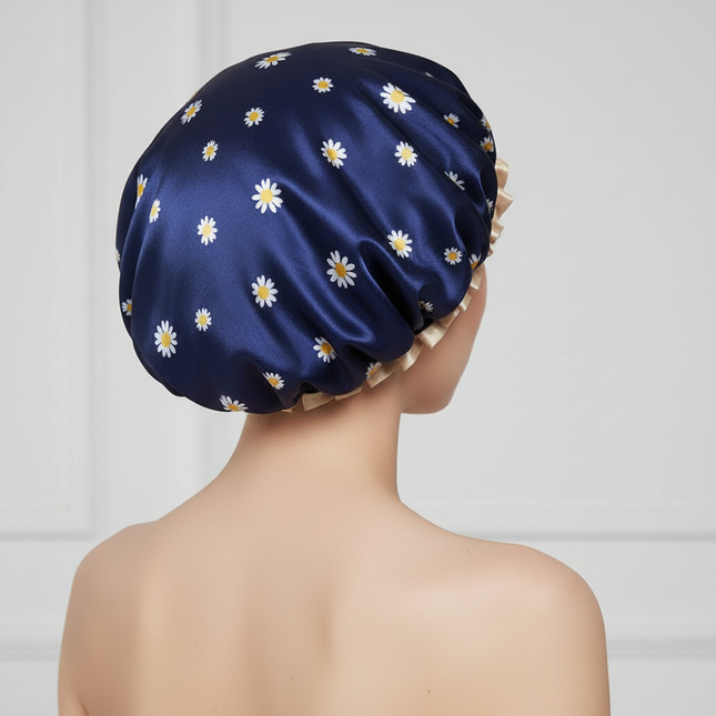 Satin Lined Shower Cap Adjustable Waterproof Bath Hair Bonnet with Silky Fabric for Women Travel - gallery 1