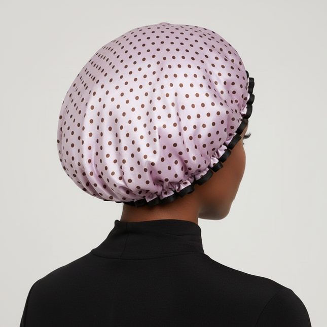 25cm Double Layer Waterproof Bath Hat Satin Cloth Shower Cap Round Dot Shower Hair Cover Women Supplies Hair Salon Bathing Caps - gallery 1