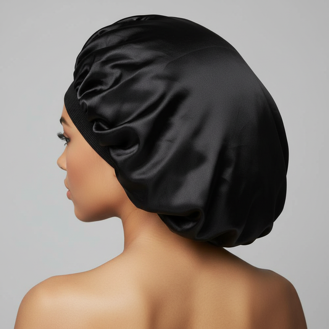 New Fshion Women Satin Solid Sleeping Hat Night Sleep Cap Hair Bonnet Hat Silk Head Cover Wide Elastic Band Unisex Cap Black - gallery 1