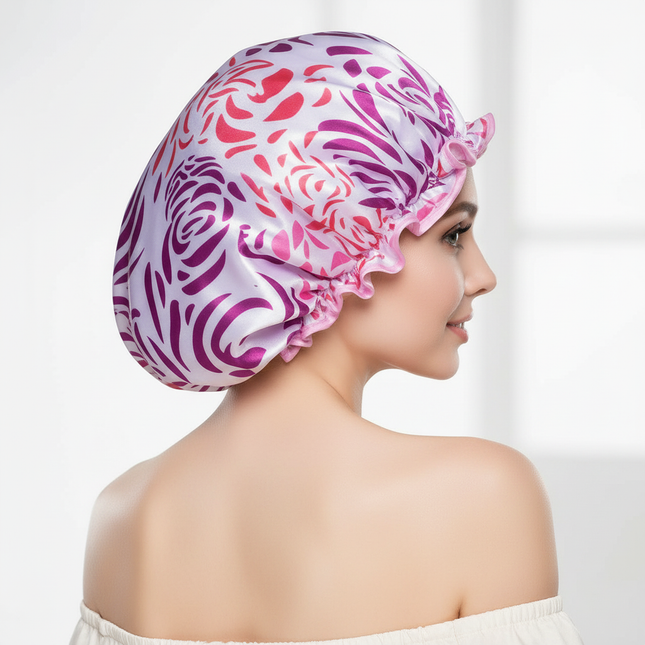 Large Female Shower Cap Solid Color Satin Double Layer Waterproof Bath Cap Peva Hair Baking Oil Cap Care Cap Shower Cap - gallery 1