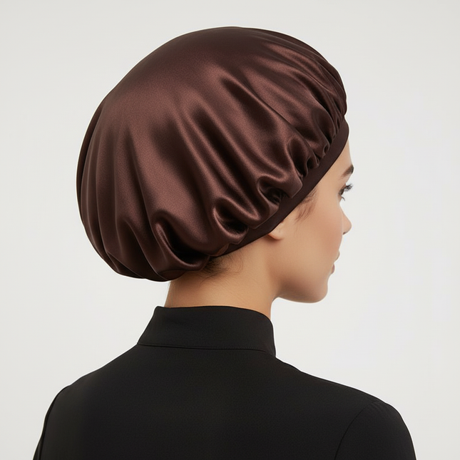 Adjustable Double Layer Satin Bonnet Nightcap Doubleside Women Round Shower Caps Night Sleep Soft Smooth Hat Solid Black Lining - gallery 1