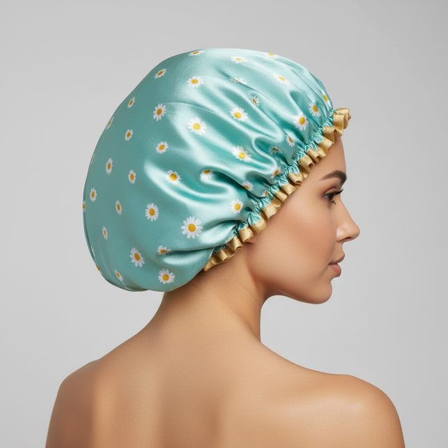 Satin Lined Shower Cap Adjustable Waterproof Bath Hair Bonnet with Silky Fabric for Women Travel - gallery 1