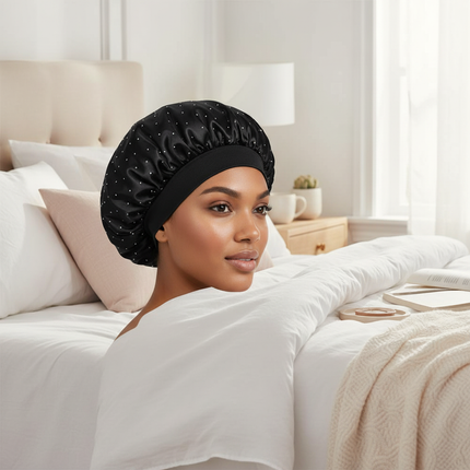 Elegant Wide Band Satin Sleep Hat Soft Adjustable Elasticity Salon Headwrap Rhinestone Decorated Makeup Headband Hair Care - gallery 2