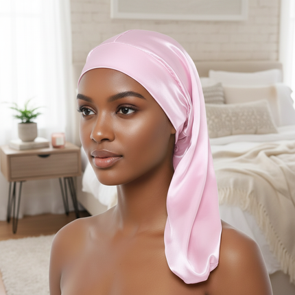 1Pc Simulated Silk Sleeping Hat Curly Hair Oversized Hat Braided Satin Hat Women's Silk Long Barrel Elastic Hairband Hat - gallery 2