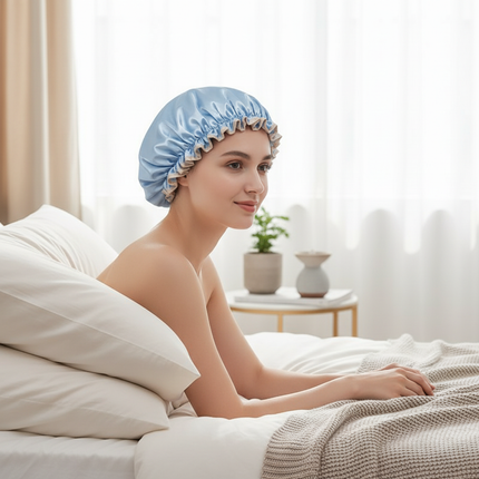 Double Layer Shower Cap Women Waterproof Thickened Reusable Oil Proof Kitchen Hair Cover Bonnet Satin Hair Bonnet for Sleeping - gallery 2
