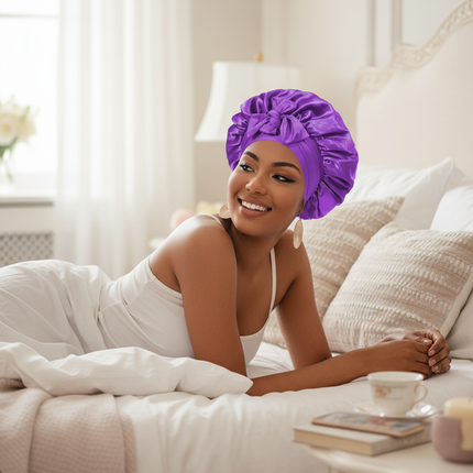 New Satin Double Layer Bonnet Solid Wide Tie Band Stretch Head Silky Bonnet Edge Wrap Nightcap Hair Care Shower Bonnet for Women - gallery 2