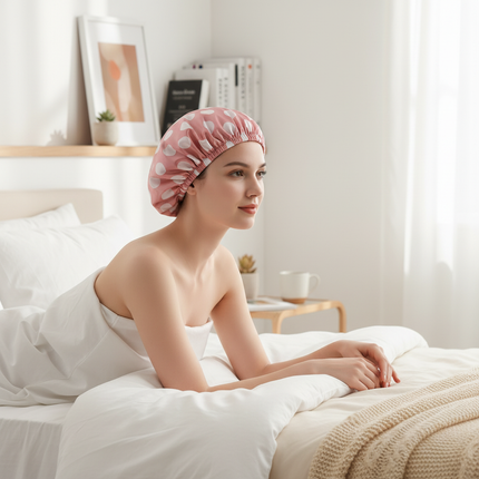 Women's Large Double-layer Shower Cap Printed Bonnet Waterproof Bath Caps with Hair Tie Suitable for Spa Salon - gallery 2